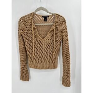 Abercrombie & Fitch Tan Crochet Open Knit V-Neck Tassel Tie Sweater Small